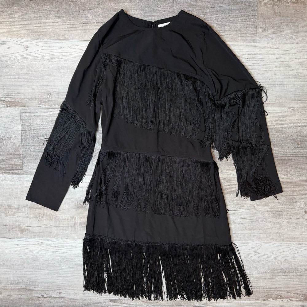 Topshop Black Long Sleeve Fringe Dress Womens size 8 Mobwife Cowgirl edgy - Picture 3 of 13